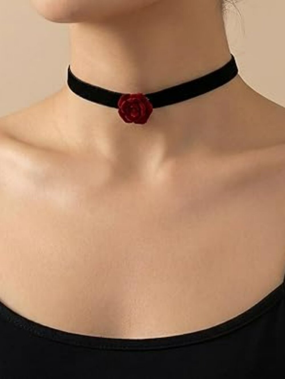 Black Velvet Choker with Mini Red Rose Goth Punk Rock Necklace - Picture 3 of 4